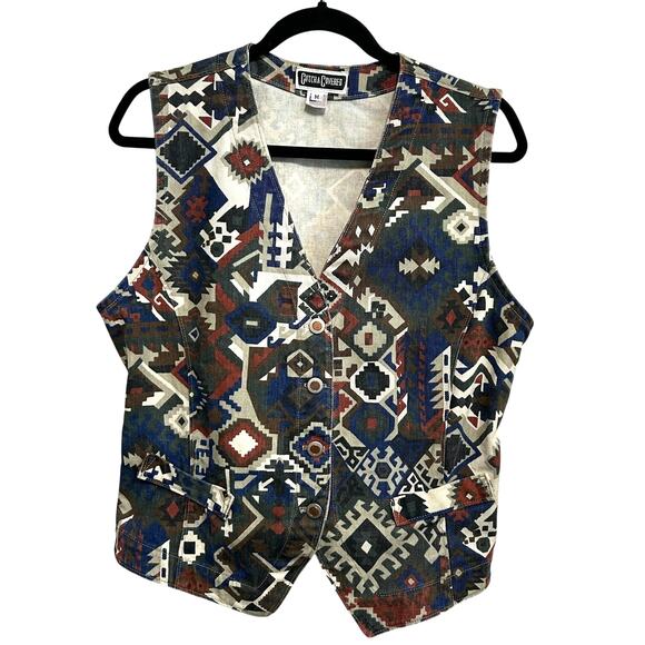 Vintage Gotcha Covered Aztec Print Denim Vest M Southwest Tribal Geometric 90s - Picture 1 of 11